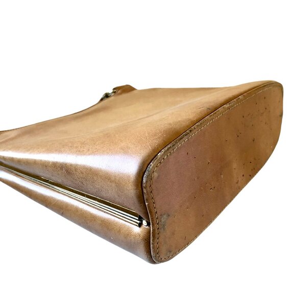 Vintage 60's Tan Brown Leather Handbag Purse with Covered Metal Handles - Picture 13 of 14
